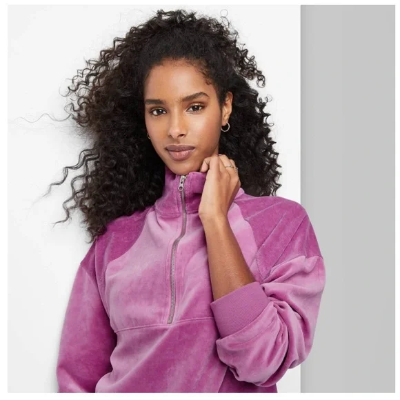 Wild Fable Quarter Zip Velour Tunic Purple Crew Neck Sweater - Picture 2 of 3